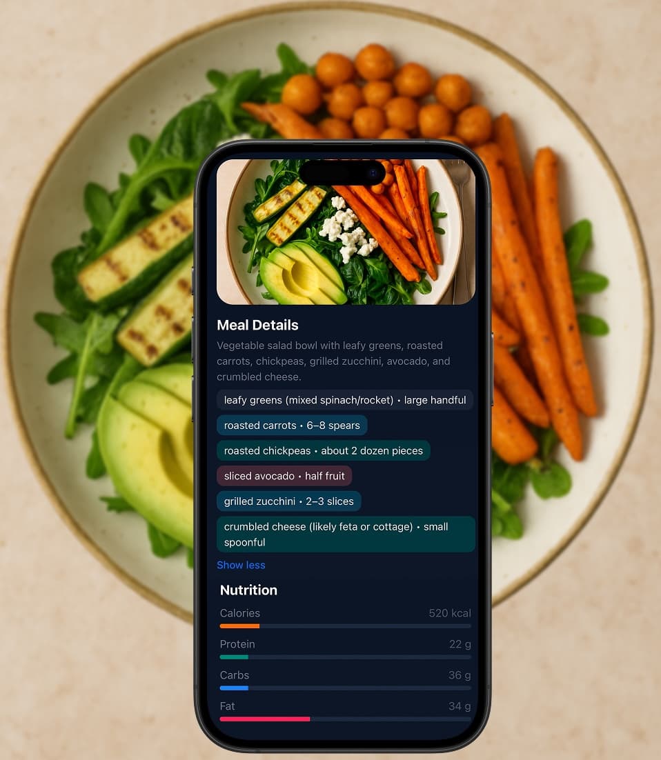 NutriShot AI dashboard and nutrient tracker illustration